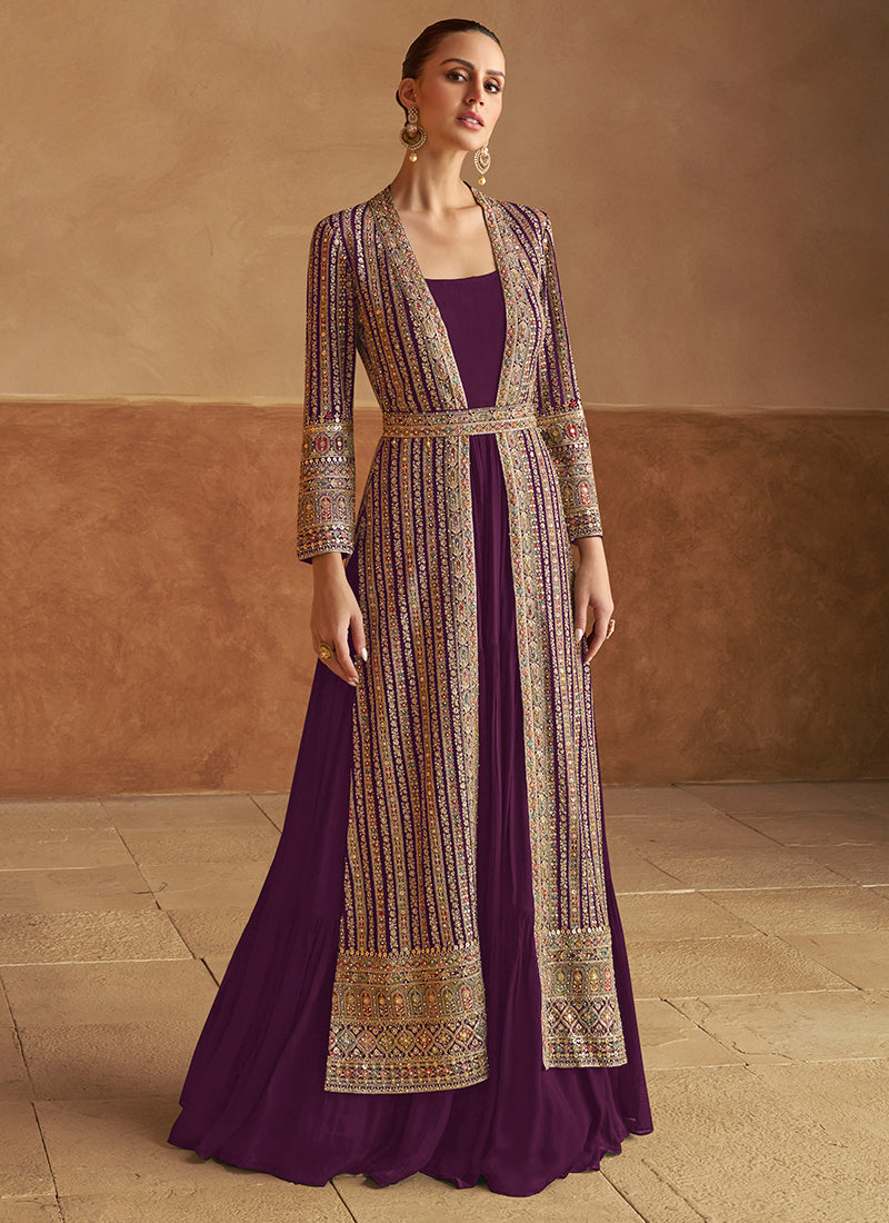 Georgette Purple Wedding Wear Hand Work Readymade Ethnic Wear 385728