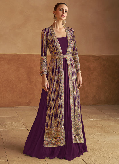 Georgette Purple Wedding Wear Hand Work Readymade Ethnic Wear 385728