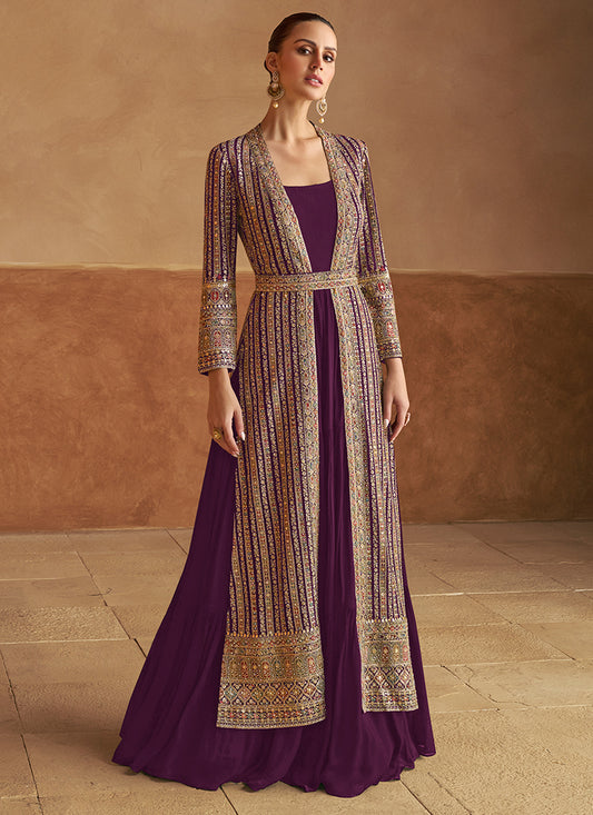 Georgette Purple Wedding Wear Hand Work Readymade Ethnic Wear 385728