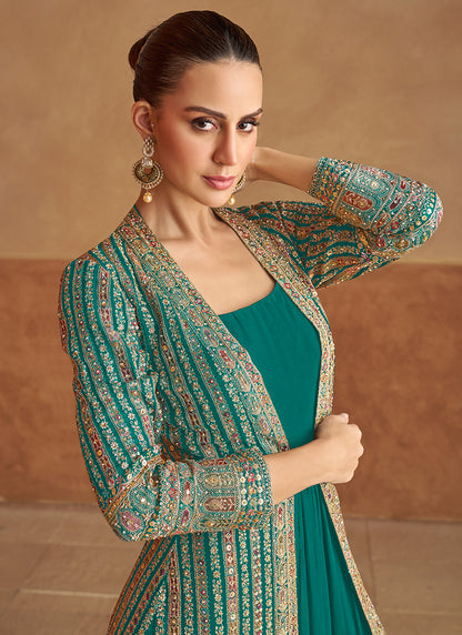 Georgette Teal Green Wedding Wear Hand Work Readymade Ethnic Wear 385729