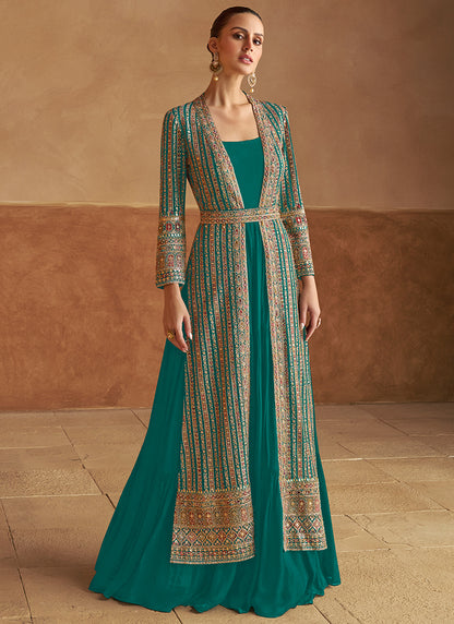 Georgette Teal Green Wedding Wear Hand Work Readymade Ethnic Wear 385729