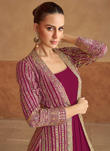Georgette Magenta Wedding Wear Hand Work Readymade Ethnic Wear 385730