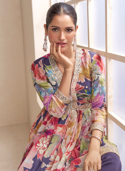 Chinnon Multi Color Party Wear Sequins Work Readymade Plazzo Suit 385706