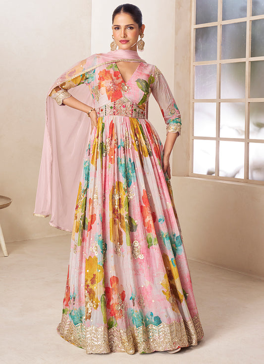 Multi Color Chinon Embroidery Work Wedding Wear Readymade Anarkali Suit SW985193