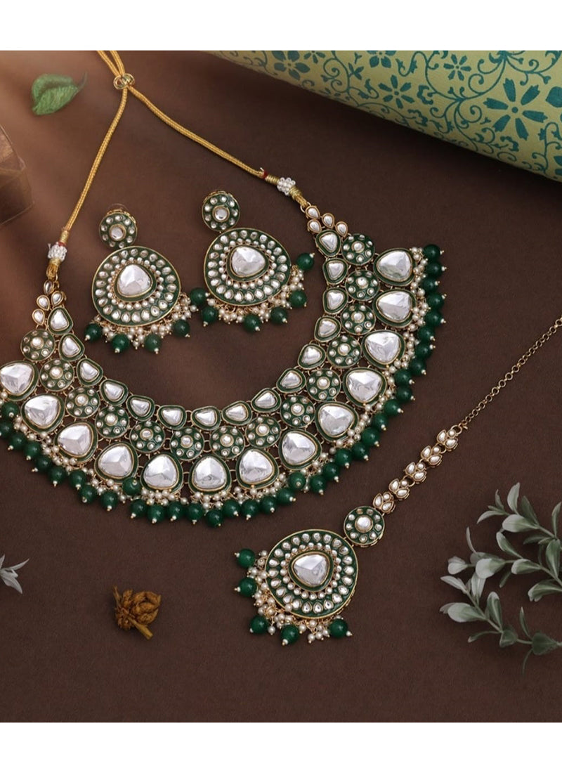 Dark Green Festival Wear Kundan Necklace Set 383103
