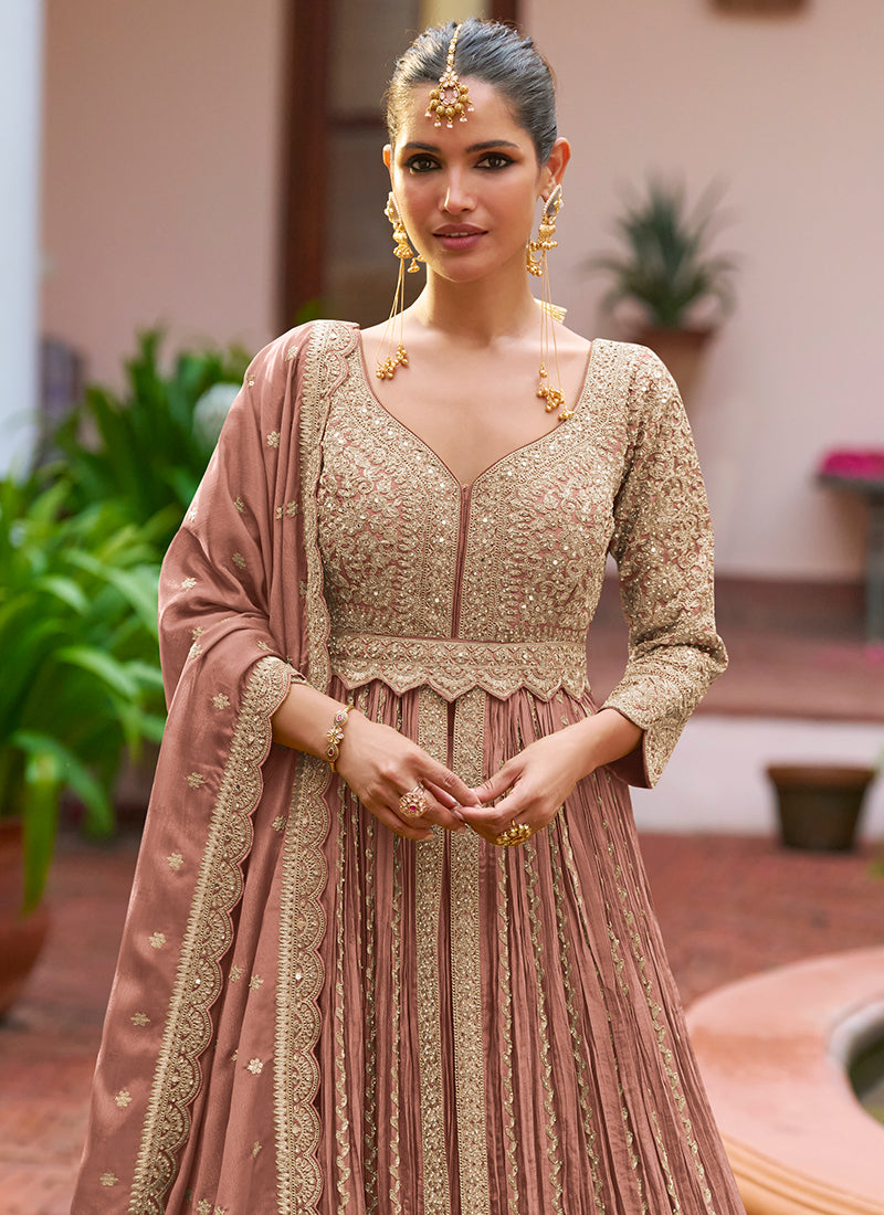 Chinon Dusty Rose Party Wear Embroidery Work Readymade Anarkali Suit 386196