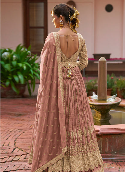 Chinon Dusty Rose Party Wear Embroidery Work Readymade Anarkali Suit 386196