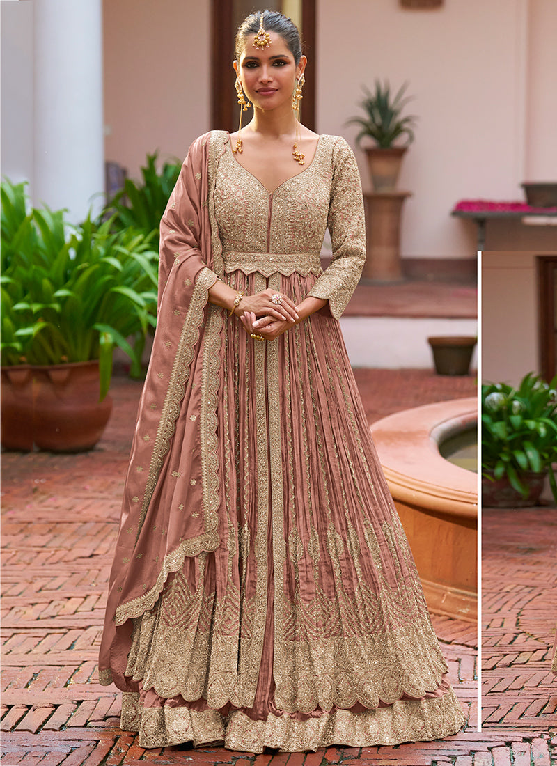 Chinon Dusty Rose Party Wear Embroidery Work Readymade Anarkali Suit 386196