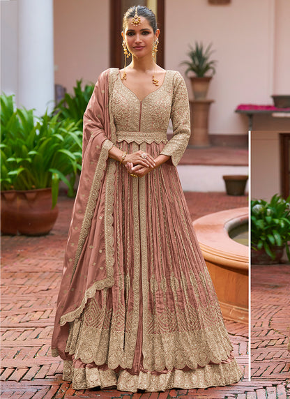 Chinon Dusty Rose Party Wear Embroidery Work Readymade Anarkali Suit 386196