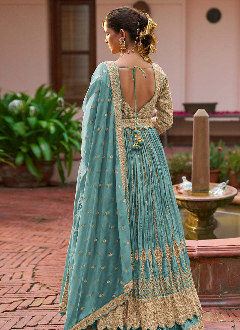 Chinon Teal Green Party Wear Embroidery Work Readymade Anarkali Suit 386197