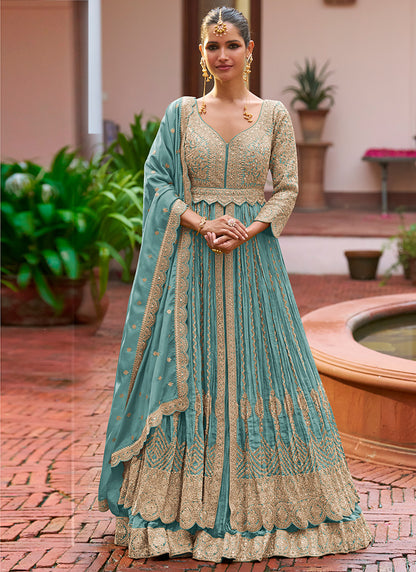 Chinon Teal Green Party Wear Embroidery Work Readymade Anarkali Suit 386197