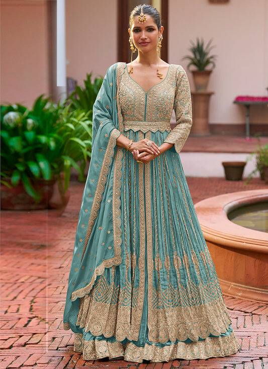 Chinon Teal Green Party Wear Embroidery Work Readymade Anarkali Suit 386197