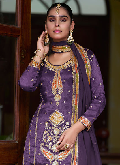 Shimmer Silk Violet Party Wear Sequin Work Readymade Plazzo Suit 386268