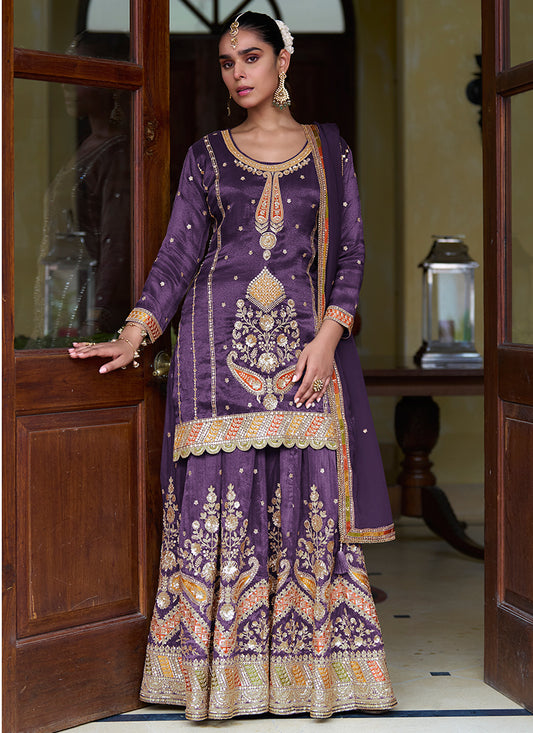 Shimmer Silk Violet Party Wear Sequin Work Readymade Plazzo Suit 386268