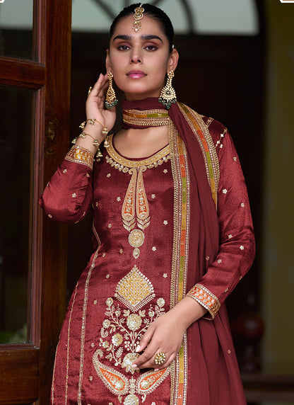 Shimmer Silk Maroon Party Wear Sequin Work Readymade Plazzo Suit 386269