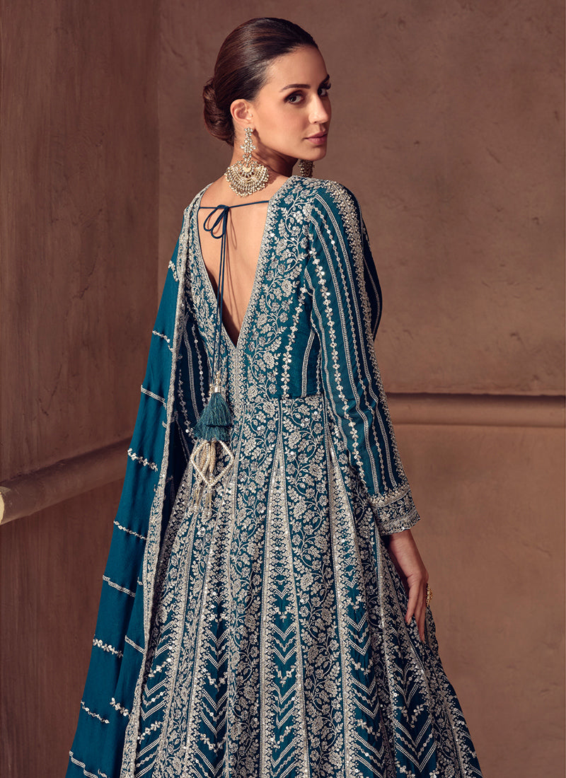 Chinon Navy Blue Wedding Wear Embroidery Work Readymade Anarkali Suit 387056