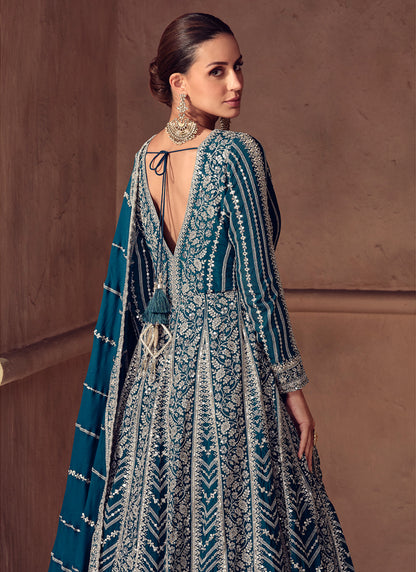 Chinon Navy Blue Wedding Wear Embroidery Work Readymade Anarkali Suit 387056