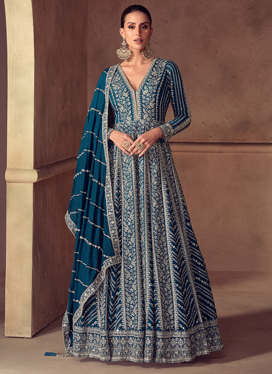 Chinon Navy Blue Wedding Wear Embroidery Work Readymade Anarkali Suit 387056