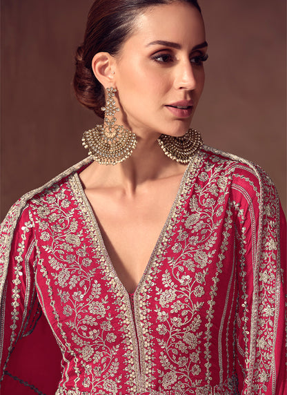 Chinon Red Wedding Wear Embroidery Work Readymade Anarkali Suit 387057