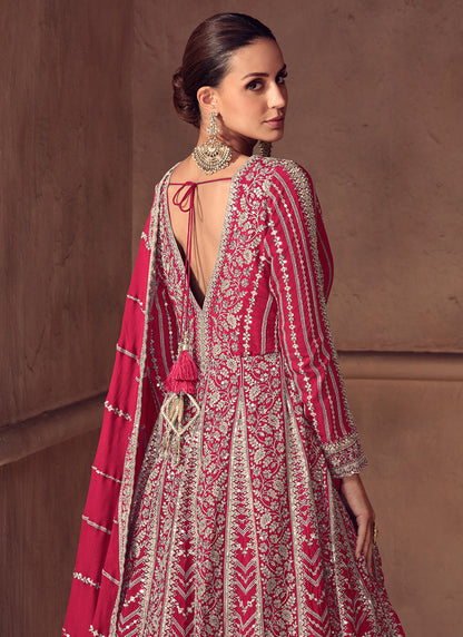 Chinon Red Wedding Wear Embroidery Work Readymade Anarkali Suit 387057