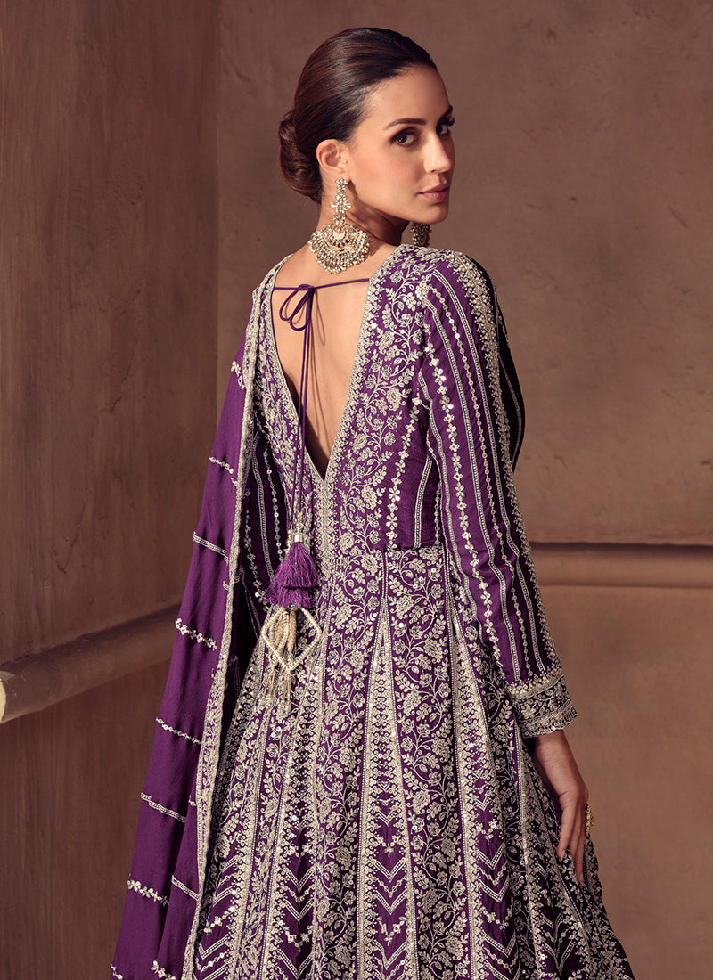 Chinon Wine Wedding Wear Embroidery Work Readymade Anarkali Suit 387058