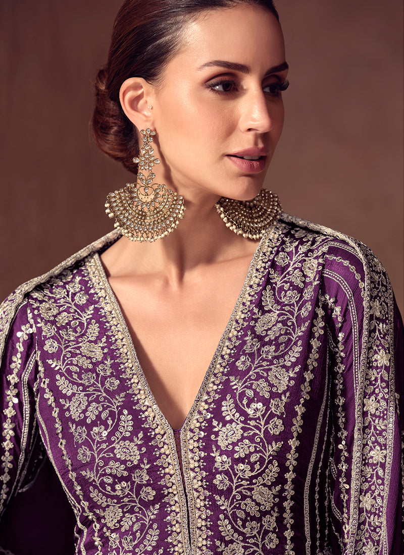 Chinon Wine Wedding Wear Embroidery Work Readymade Anarkali Suit 387058