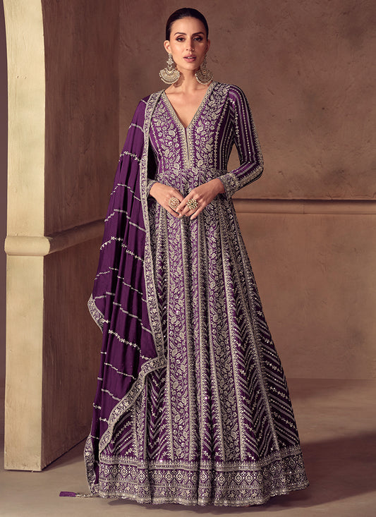 Chinon Wine Wedding Wear Embroidery Work Readymade Anarkali Suit 387058