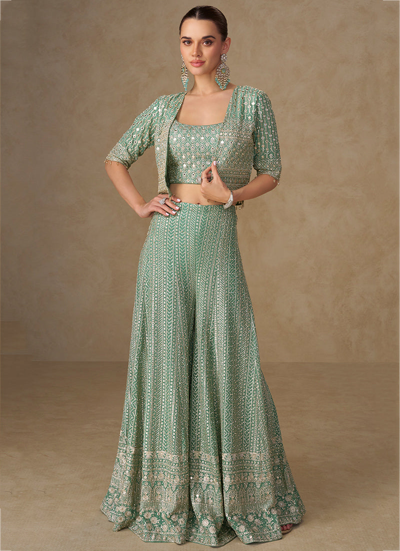 Georgette Mint Green Party Wear Embroidery Work Readymade Indo-Western Plazzo Suit 387059