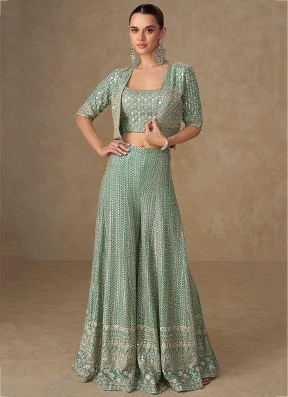 Georgette Mint Green Party Wear Embroidery Work Readymade Indo-Western Plazzo Suit 387059