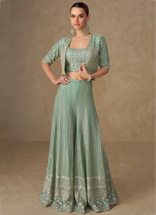 Georgette Mint Green Party Wear Embroidery Work Readymade Indo-Western Plazzo Suit 387059