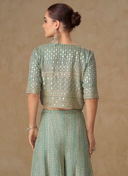 Georgette Mint Green Party Wear Embroidery Work Readymade Indo-Western Plazzo Suit 387059