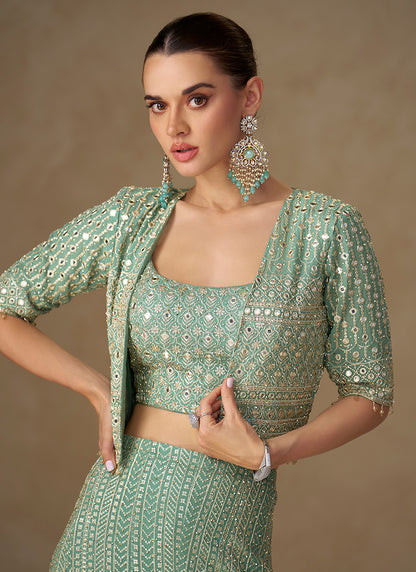 Georgette Mint Green Party Wear Embroidery Work Readymade Indo-Western Plazzo Suit 387059