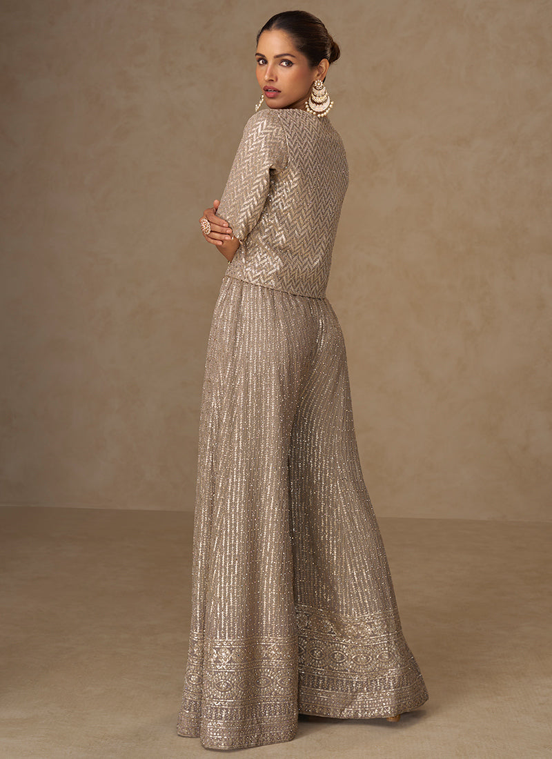 Georgette Gold Party Wear Embroidery Work Readymade Indo-Western Plazzo Suit 387060