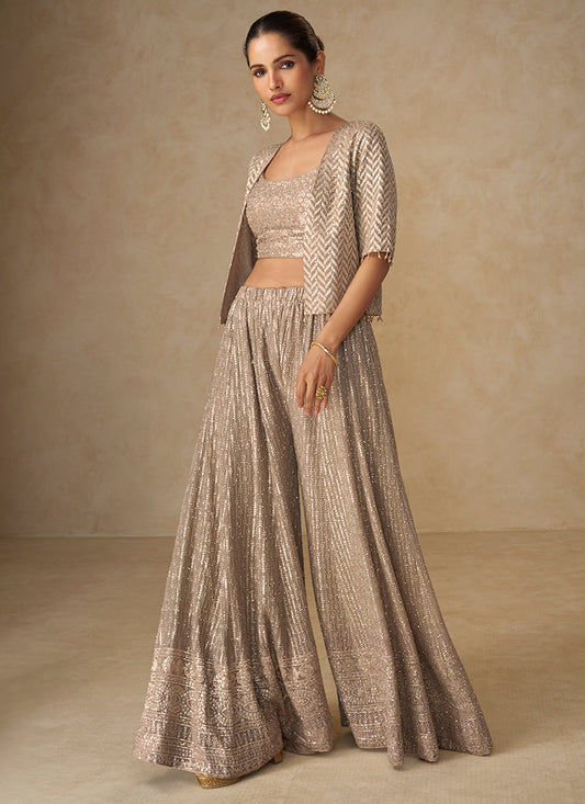 Georgette Gold Party Wear Embroidery Work Readymade Indo-Western Plazzo Suit 387060
