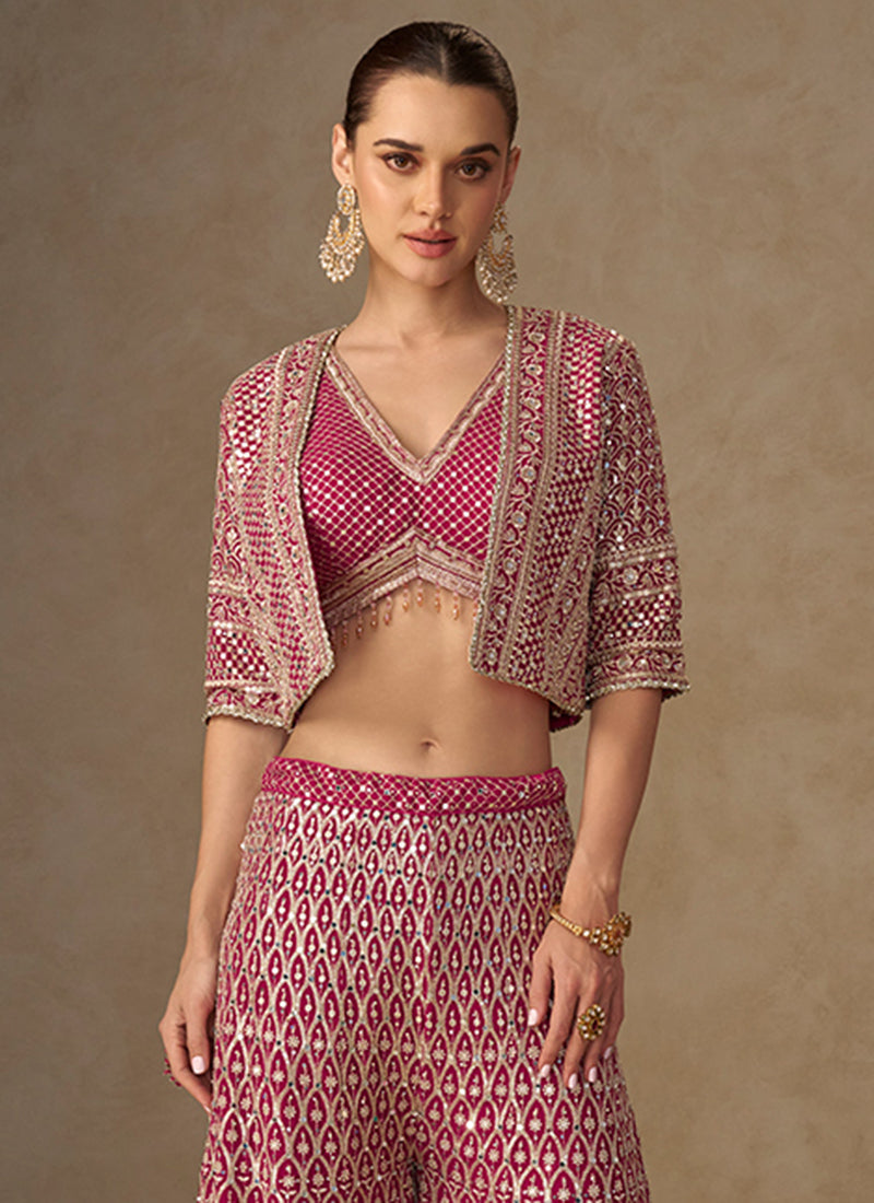 Georgette Magenta Party Wear Embroidery Work Readymade Indo-Western Plazzo Suit 387061