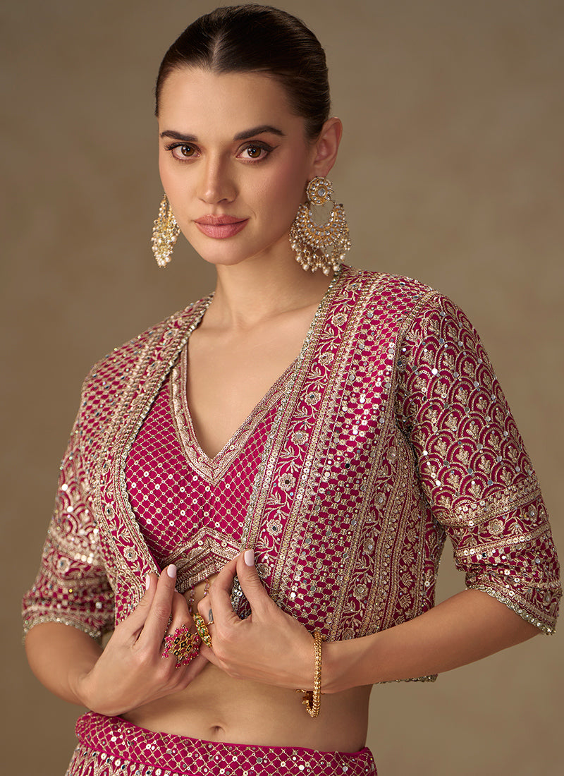 Georgette Magenta Party Wear Embroidery Work Readymade Indo-Western Plazzo Suit 387061