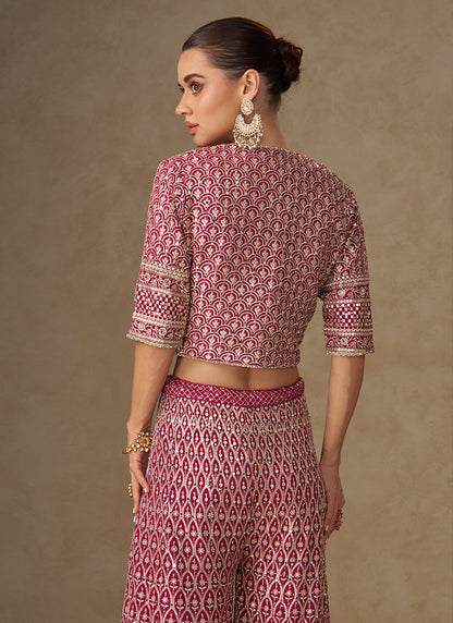 Georgette Magenta Party Wear Embroidery Work Readymade Indo-Western Plazzo Suit 387061