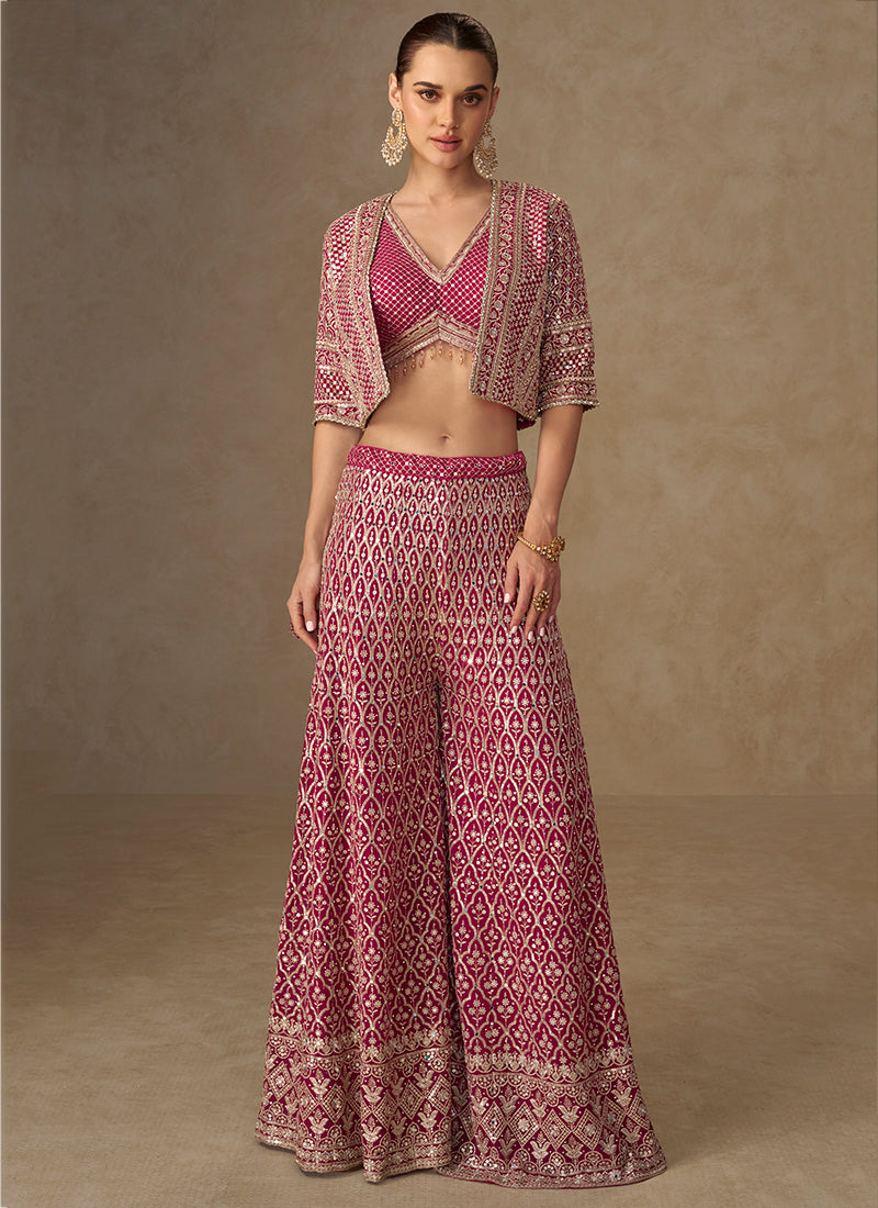 Georgette Magenta Party Wear Embroidery Work Readymade Indo-Western Plazzo Suit 387061