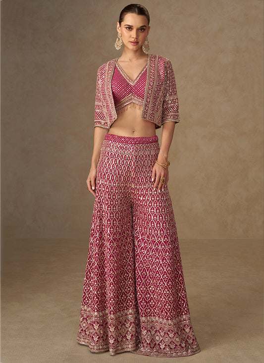 Georgette Magenta Party Wear Embroidery Work Readymade Indo-Western Plazzo Suit 387061