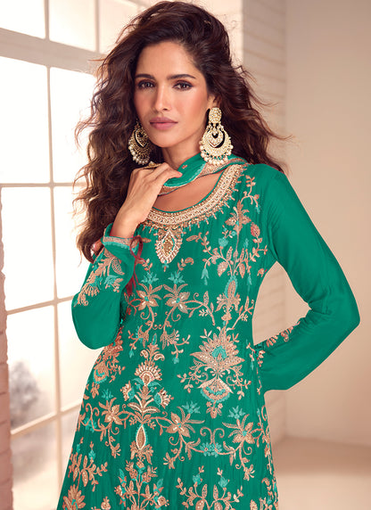 Chinnon Green Party Wear Embroidery Work Readymade Plazzo Suit 386732