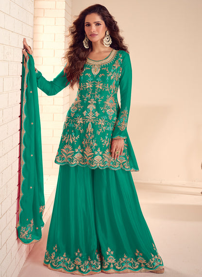 Chinnon Green Party Wear Embroidery Work Readymade Plazzo Suit 386732