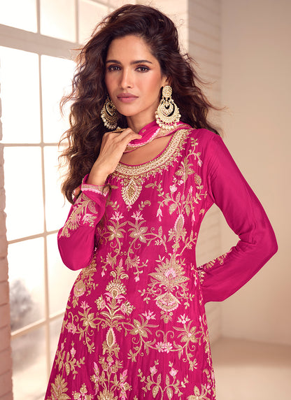 Chinnon Pink Party Wear Embroidery Work Readymade Plazzo Suit 386733