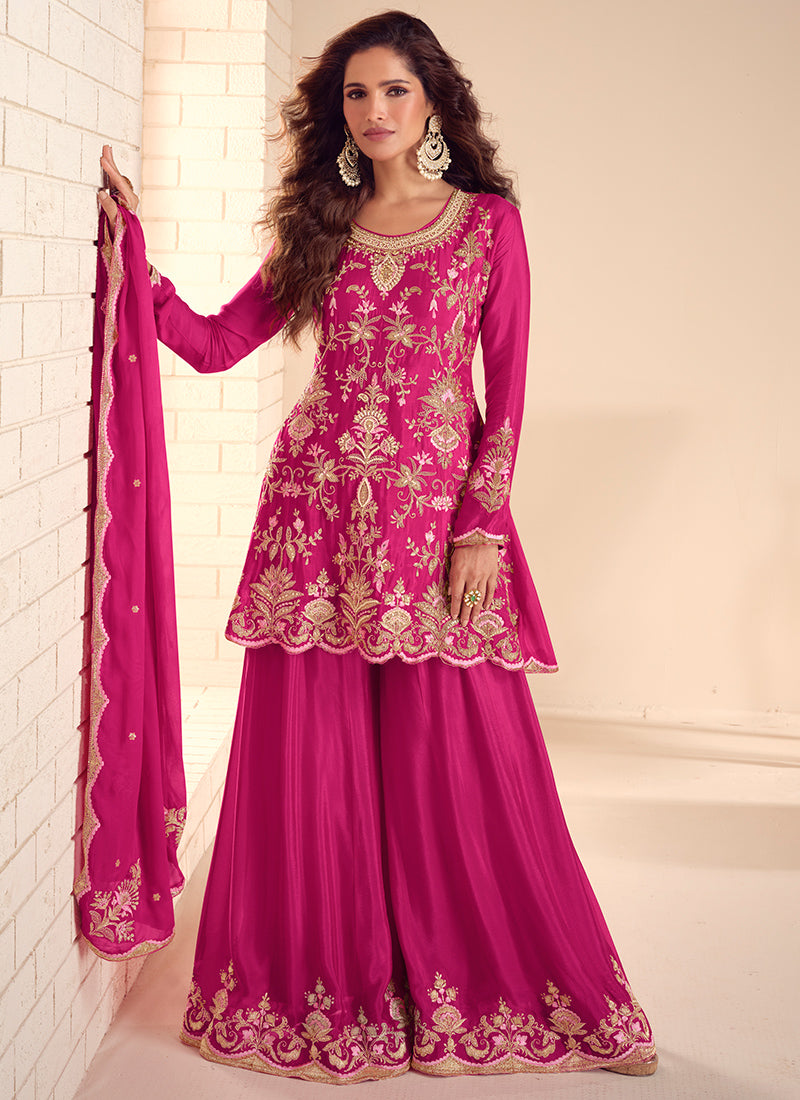 Chinnon Pink Party Wear Embroidery Work Readymade Plazzo Suit 386733