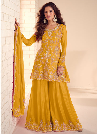 Chinnon Yellow Party Wear Embroidery Work Readymade Plazzo Suit 386734
