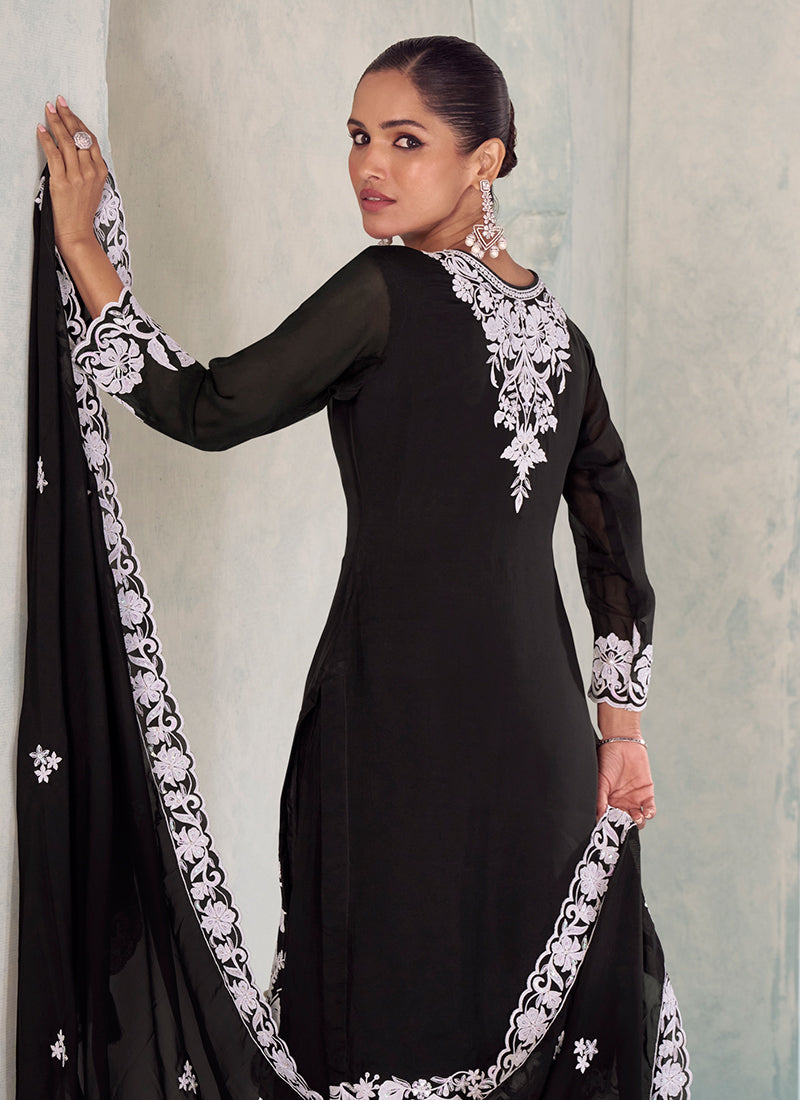 Black Chinon Embroidery Work Eid Wear Readymade Plazzo Suit SW491635