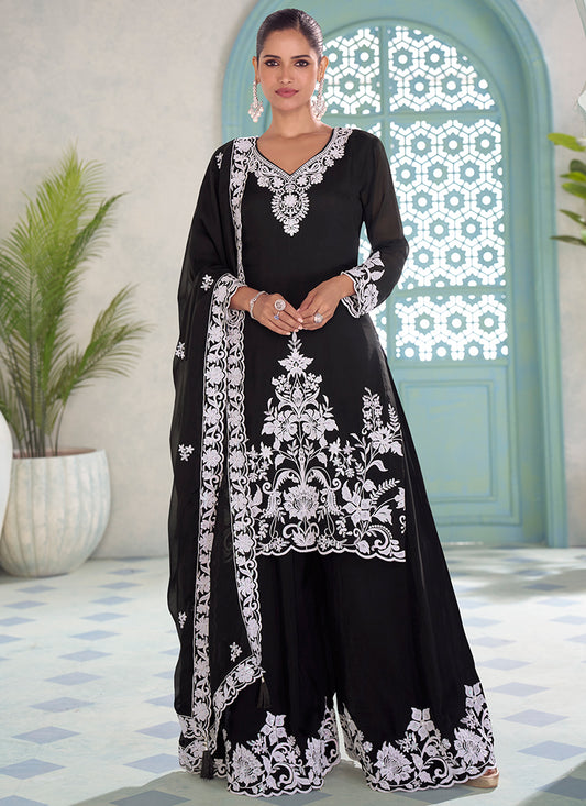 Black Chinon Embroidery Work Eid Wear Readymade Plazzo Suit SW491635