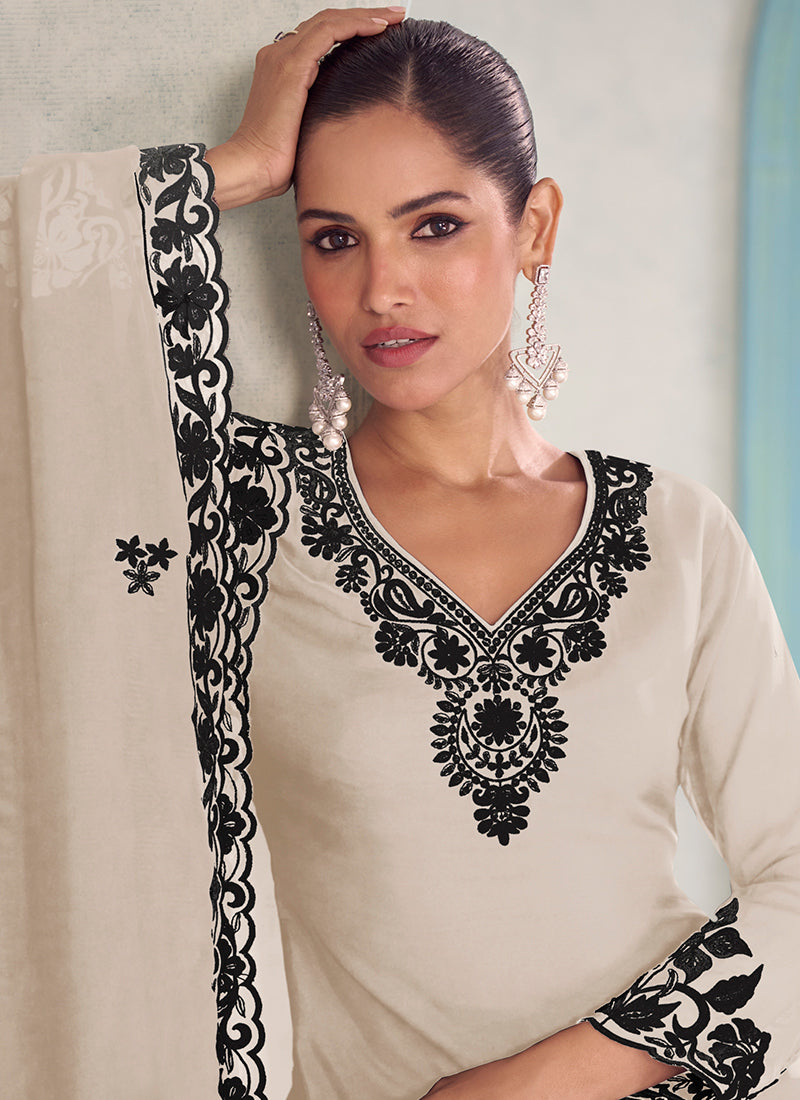 Cream Chinon Embroidery Work Eid Wear Readymade Plazzo Suit SW875308