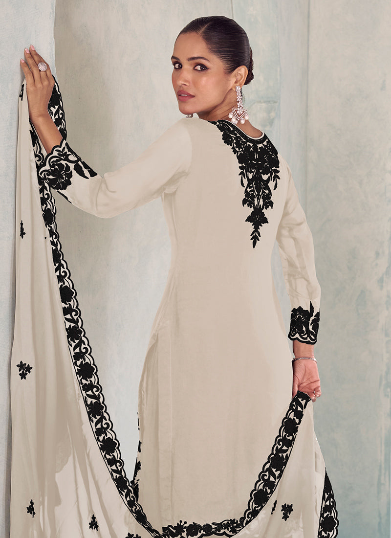 Cream Chinon Embroidery Work Eid Wear Readymade Plazzo Suit SW875308