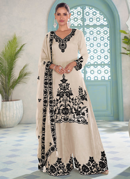 Cream Chinon Embroidery Work Eid Wear Readymade Plazzo Suit SW875308