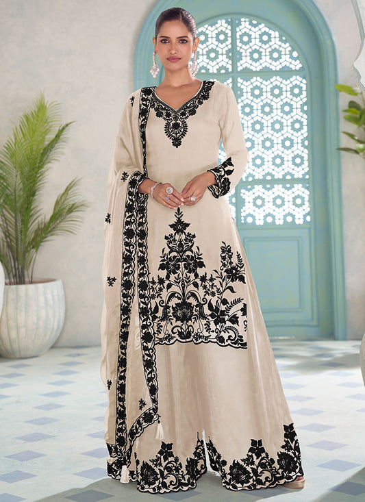 Cream Chinon Embroidery Work Eid Wear Readymade Plazzo Suit SW875308